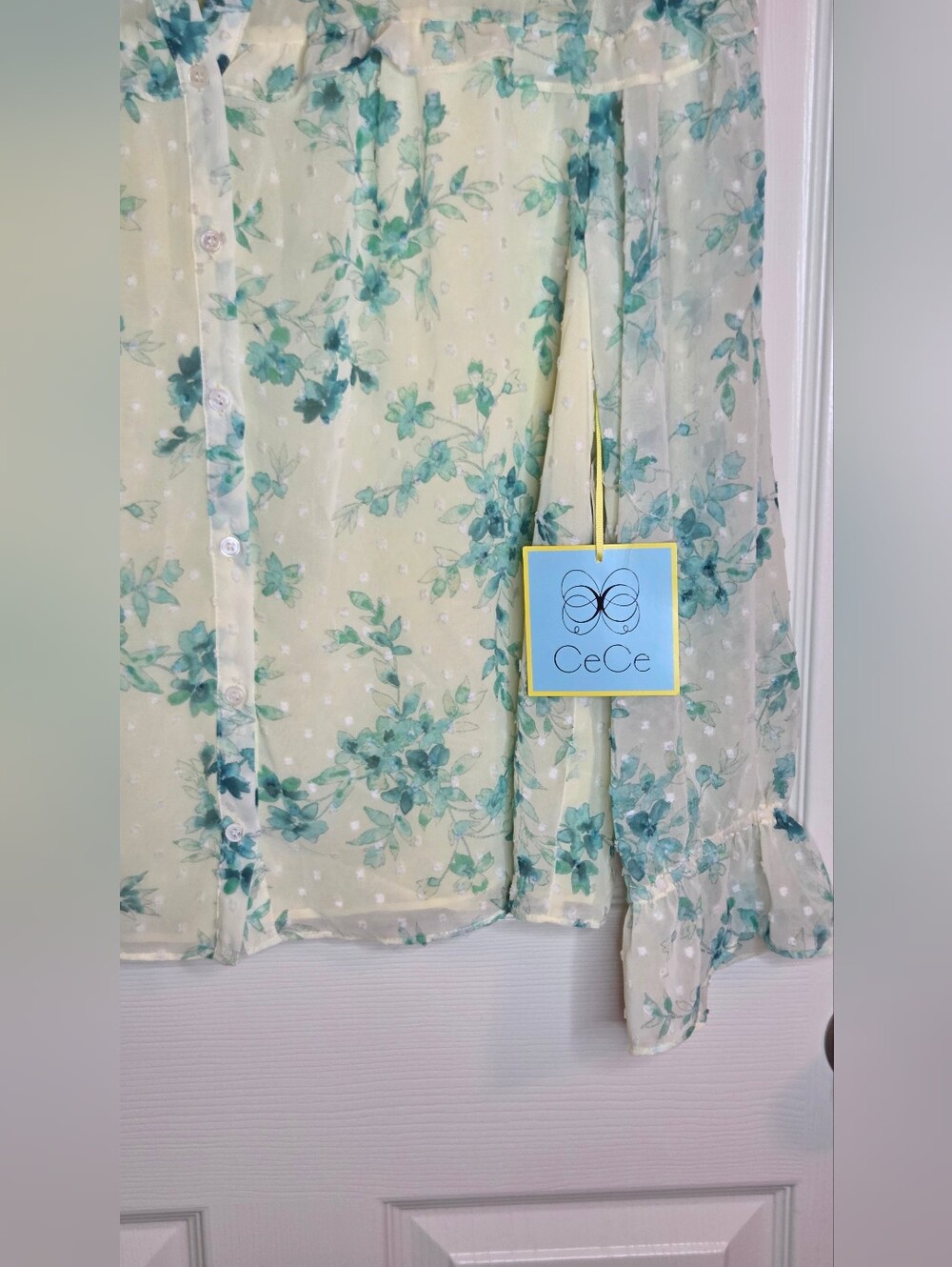 NWT CeCe L Swiss Dot Floral Ruffle Yellow Teal Blouse Shirt Romantic Lined Lslv - Picture 6 of 11